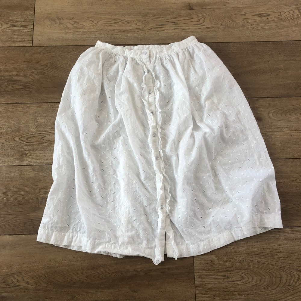 Vtg White Cotton Eyelet Button Front Ruffle Midi Skirt India Small Cottagecore